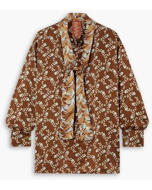 Yvonne S Pussy-bow Floral-print Silk-satin Blouse - Brown