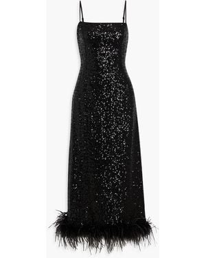 HVN Cora Feather-Trimmed Sequined Tulle Maxi Dress - Black