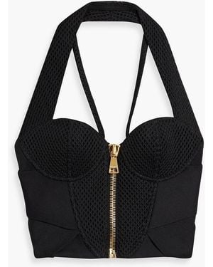 Balmain Cropped Stretch-Knit And Matelassé Halterneck Bustier Top - Black