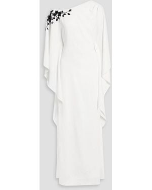 Marchesa One-Shoulder Embellished Crepe Gown - White
