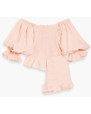 Sleeper Atlanta Off-the-shoulder Ruffled Linen Top And Shorts Set - Pink