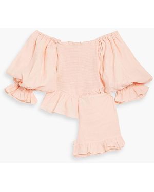 Sleeper Atlanta Off-the-shoulder Ruffled Linen Top And Shorts Set - Pink