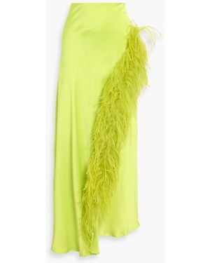 LAPOINTE Wrap-Effect Feather-Trimmed Satin-Crepe Maxi Skirt - Yellow