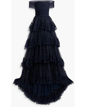Jenny Packham Queenie Off-The-Shoulder Tiered Embellished Tulle Gown - Blue