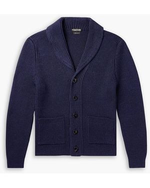 Tom Ford Shawl-Collar Ribbed Wool And Silk-Blend Cardigan - Blue