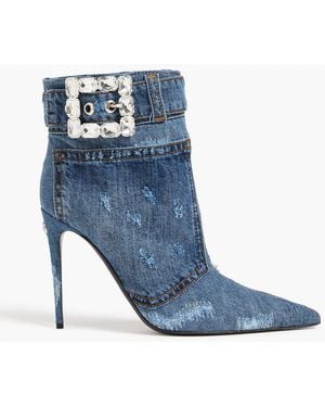 Dolce & Gabbana Crystal-Embellished Distressed Denim Ankle Boots - Blue
