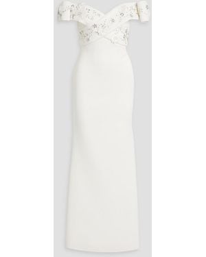 Badgley Mischka Off-the-shoulder Embellished Scuba Gown - White