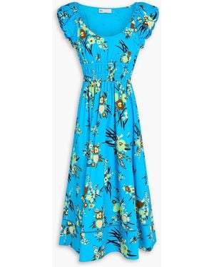 Tory Burch Shirred Floral-print Cotton Midi Dress - Blue