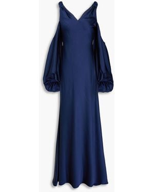 Halston Binnie Cold-shoulder Ruched Satin Gown - Blue