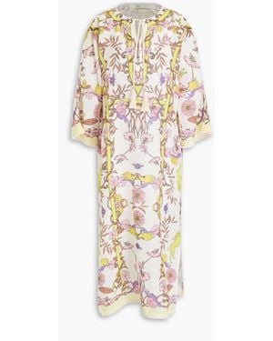 Tory Burch Floral-Print Linen-Gauze Kaftan - White