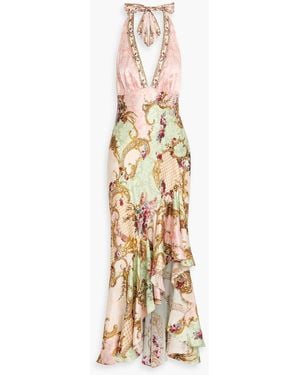 CAMILLA Crystal-Embellished Printed Silk-Satin Halterneck Maxi Dress - Metallic
