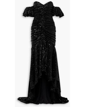 Nervi Crown Off-the-shoulder Asymmetric Ruched Sequined Tulle Gown - Black