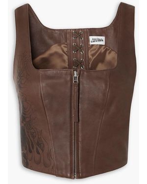 Jean Paul Gaultier Cropped Lace-up Printed Leather Bustier Top - Brown