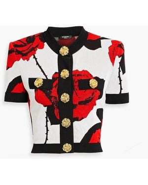 Balmain Floral Jacquard-Knit Top - Red