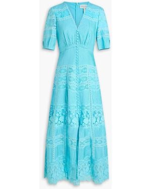 Saloni Lea Lace-Paneled Cotton Midi Dress - Blue