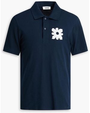 Sandro Floral-Appliquéd Cotton-Piqué Polo Shirt - Blue