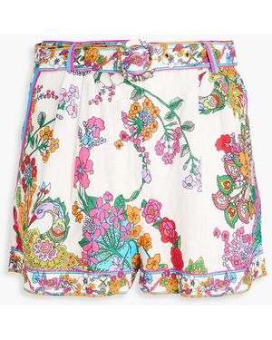 CAMILLA Floral-Print Embellished Linen Shorts - White