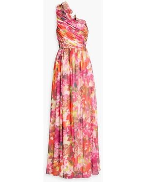 Badgley Mischka One-Shoulder Floral-Print Chiffon Maxi Dress - Red