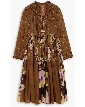 Yvonne S Tie-detailed Tiered Floral-print Cotton-voile Midi Dress - Brown