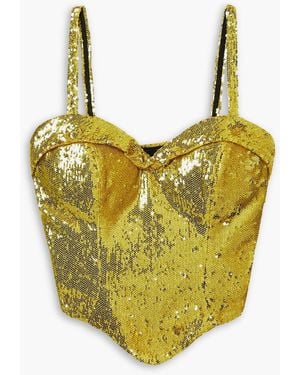 Area Cropped Sequined Tulle Bustier Top - Yellow
