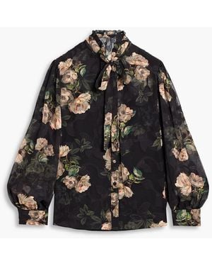 Mikael Aghal Pussy-Bow Floral-Print Fil Coupé Chiffon Blouse - Black