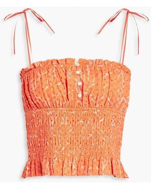 Joie Gathered Printed Broderie Anglaise Cotton Top - Orange