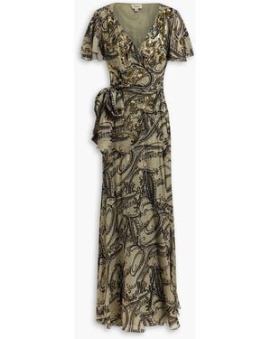 Temperley London Silvana Embellished Printed Metallic Fil Coupé Silk-Chiffon Maxi Wrap Dress - Green