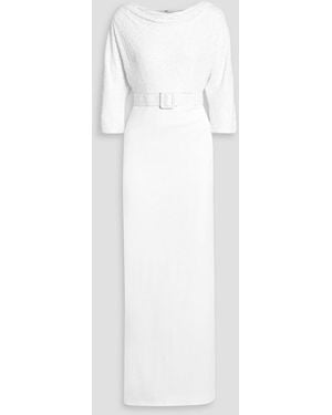 Badgley Mischka Belted Sequin-Embellished Crepe Gown - White