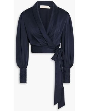 Zimmermann Cropped Washed-Silk Wrap Blouse - Blue