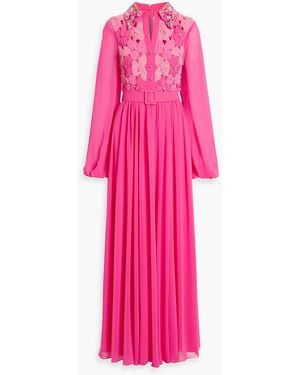 Badgley Mischka Belted Floral-appliquéd Chiffon Gown - Pink