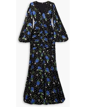 ROTATE BIRGER CHRISTENSEN Goldie Ruched Floral-print Satin Maxi Dress - Black