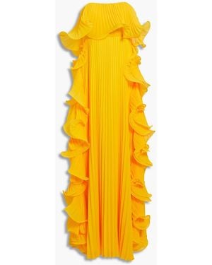 Badgley Mischka Strapless Pleated Ruffled Chiffon Gown - Yellow