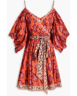 Zimmermann Cold-Shoulder Printed Cotton-Gauze Mini Wrap Dress - Red