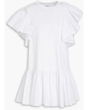 McQueen Cutout Ruffled Poplin-Paneled Cotton-Jersey Mini Dress - White