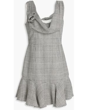 Alessandra Rich Floral-appliquéd Prince Of Wales Checked Wool-tweed Mini Dress - Grey