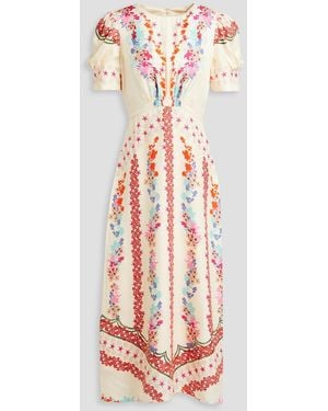 Saloni Bianca Floral-print Silk-satin Jacquard Midi Dress - White