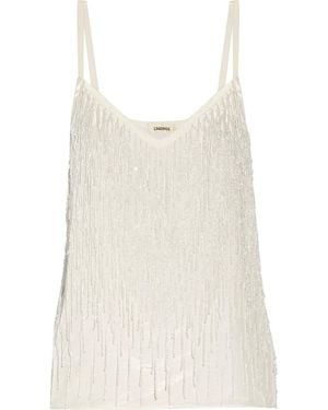 L'Agence Jezebel Fringed Beaded Satin Top - Natural