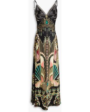 CAMILLA Printed Embellished Silk-Satin Maxi Slip Dress - White