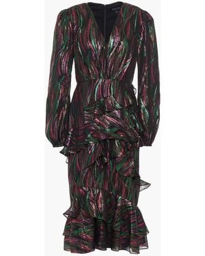 Saloni Alya Ruffled Metallic Fil Coupé Silk-blend Chiffon Midi Dress - Black