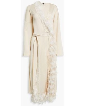 Alanui Faux Feather-Trimmed Belted Silk Cardigan - Natural