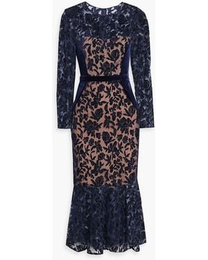 Marchesa Devoré-Velvet Midi Dress - Blue