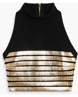Balmain Metallic Striped Bouclé-Knit Cotton-Blend Top - Black