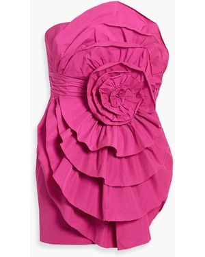 Marchesa Strapless Floral-Appliquéd Ruffled Taffeta Mini Dress - Pink