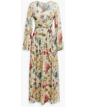 Mikael Aghal Belted Floral-Print Chiffon Maxi Dress - Metallic