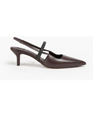 Brunello Cucinelli Bead-Embellished Leather Slingback Pumps - Brown