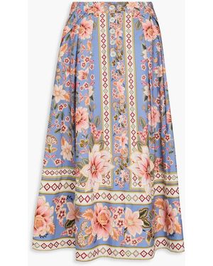 FARM Rio Pleated Floral-Print Cotton-Poplin Midi Skirt - Blue