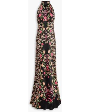 Saloni Michelle Floral-Print Hammered Silk-Satin Halterneck Maxi Dress - White