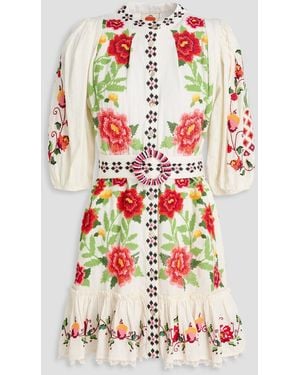 FARM Rio Belted Embroidered Linen-Blend Mini Dress - Grey