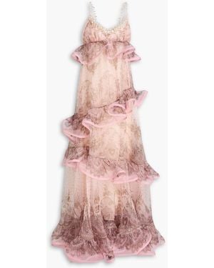 Zimmermann Embellished Ruffled Printed Silk-Organza Gown - Pink