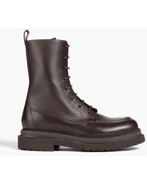 Brunello Cucinelli Bead-embellished Leather Combat Boots - Brown